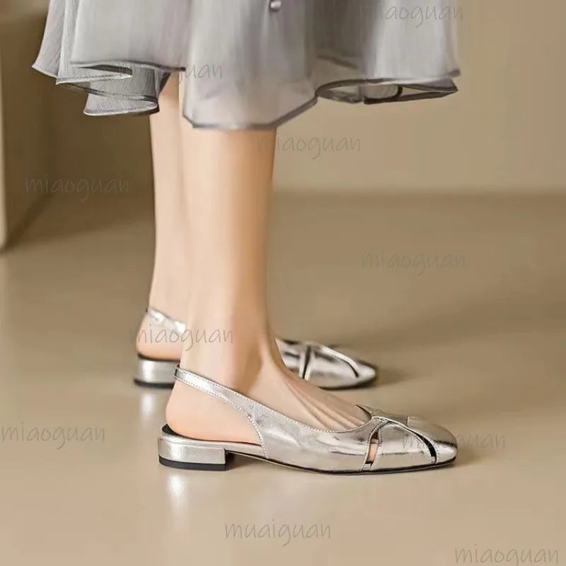 Cover Toe Low Heel Pumps Women's Sandals Gold Silver Slip on Comfortable Outwear Summer PU Leather Sandals Zapatos De Mujer
