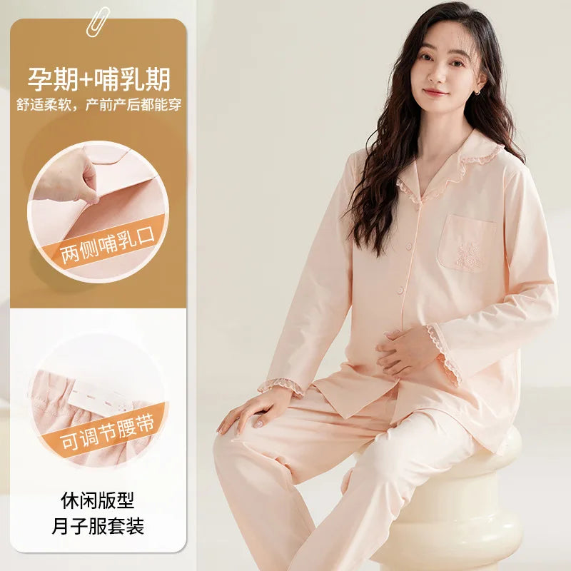 Maternity Women Pajamas Set Pregnant Pure Cotton Breastfeeding Loungewear Sweet Long Sleeve Trousers Cardigan 2 Piece Set Pjs