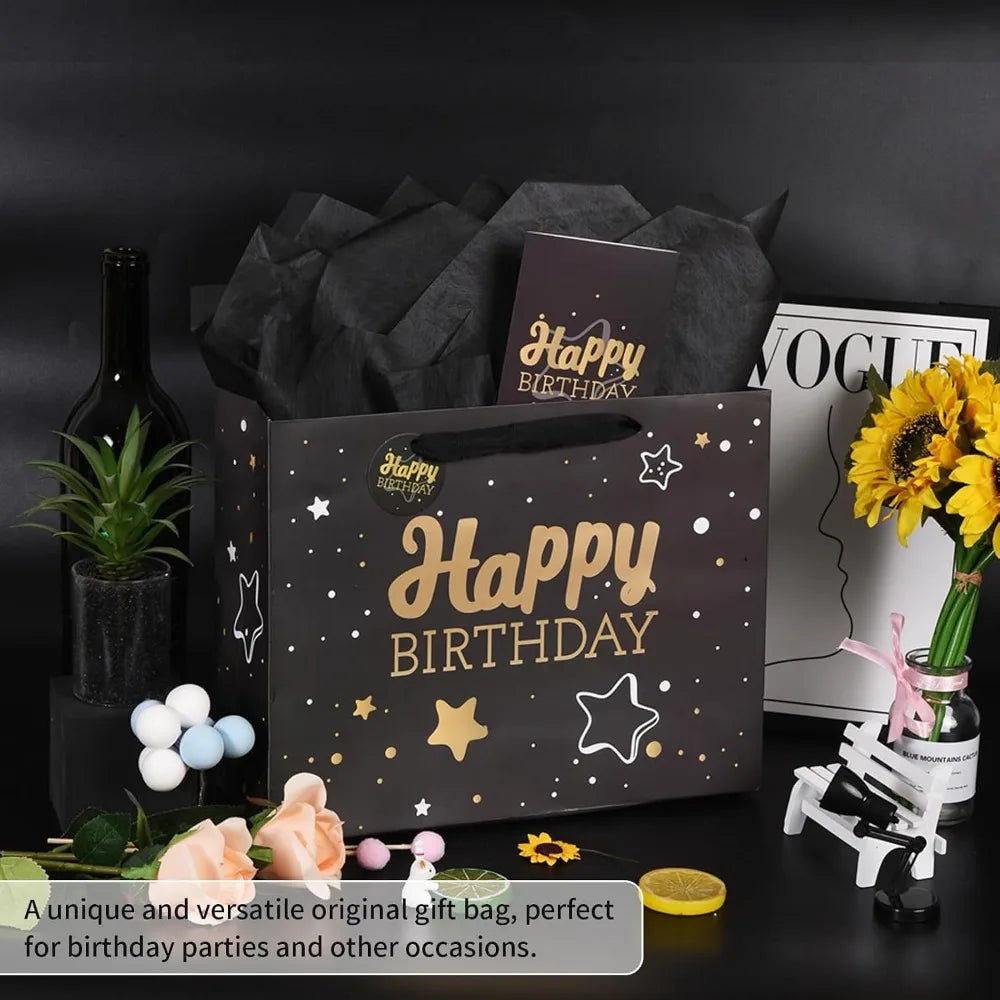 Medium Black Starry Sky Birthday Gift Bag Set with Crinkle Tissue Paper Greeting Card and Ribbon for Party Celebration Unisex