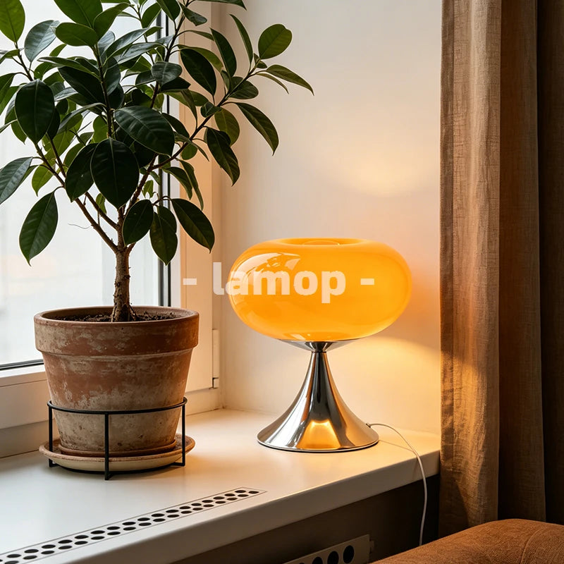 Murano Glass Gloss Orange Donut Ring Flared Base Table Lamp Cream Korean 3 Tone Soft Light Mirror Nightstand Bedroom Decor Lamp