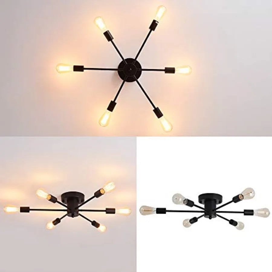 6 Lights Sputnik Semi Flush Mount Ceiling Light Matte Black Modern Edison Chandelier Industrial Close to Ceiling Light for Farm