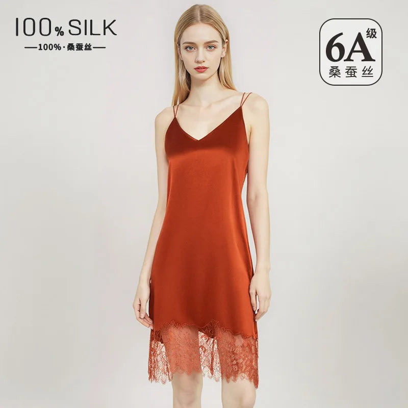 Sexy Ice Silk Slip Dress Women Lace Hollow Out Back Nightgown Sleeveless Mini Sleepwear Smooth Casual Lingerie Homewear
