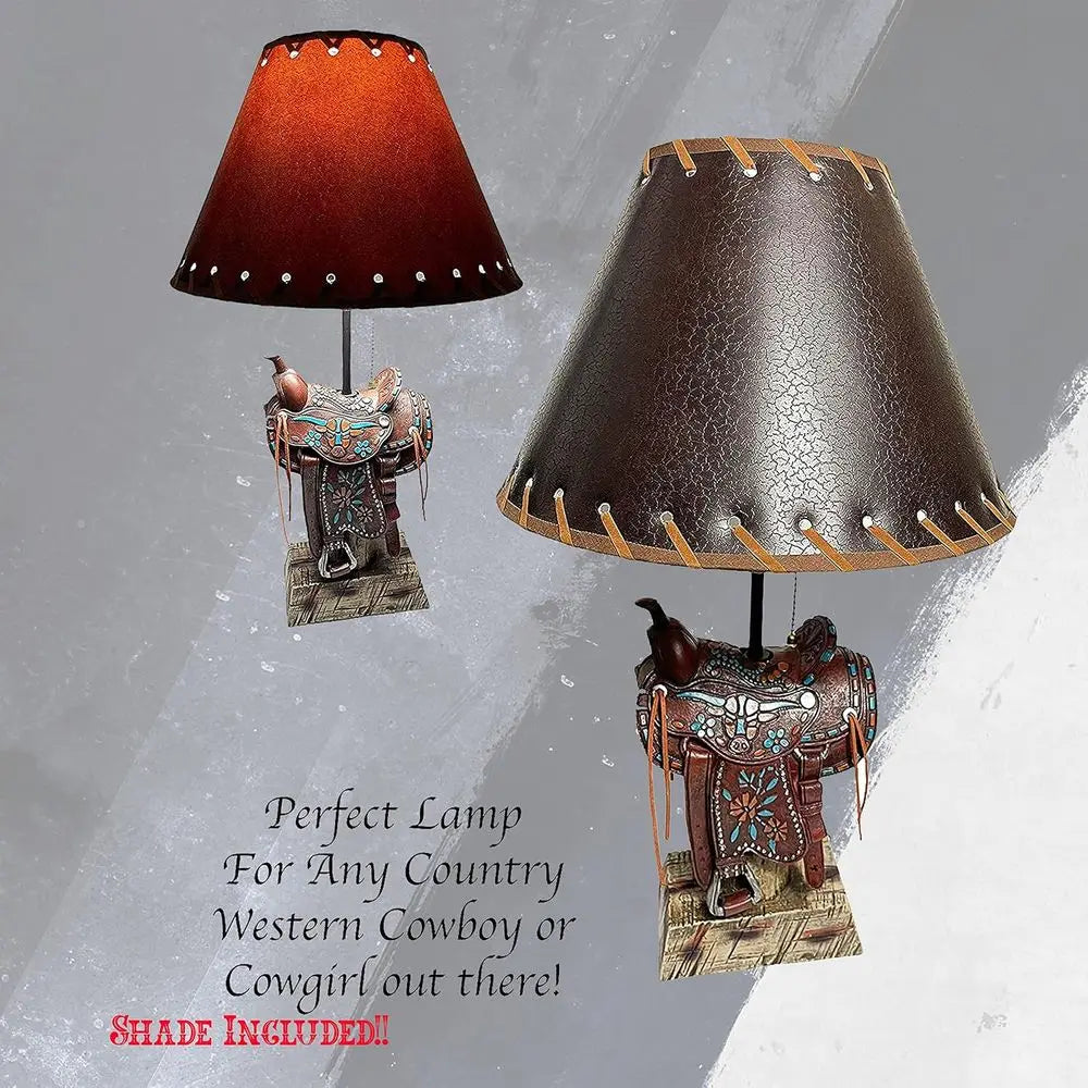 Western Brown and Teal Longhorn Cowboy-Style Home Decor Table Lamp for Living Room, Nightstands, and Bedrooms