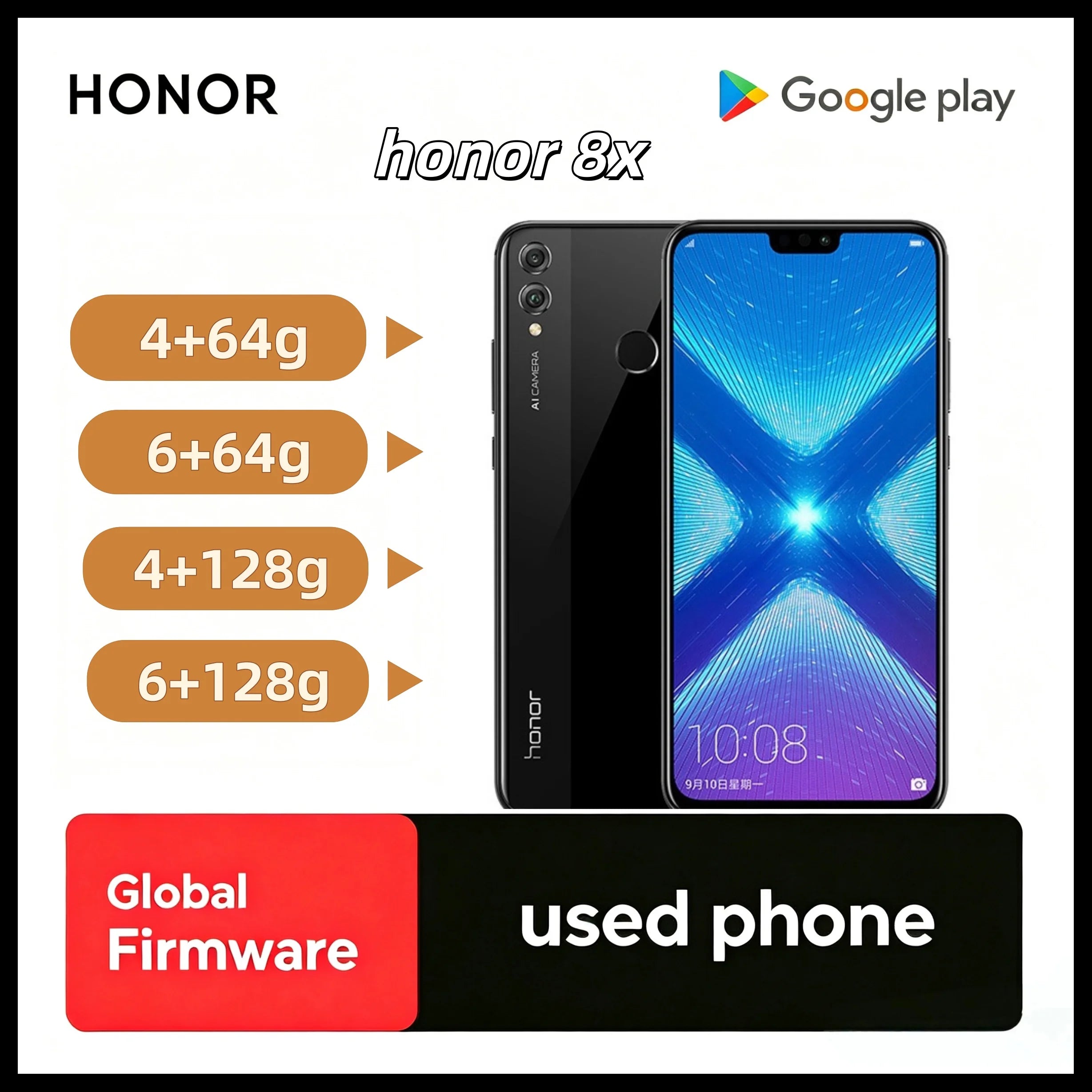 Honor 8X 4G LTE Unlocked Mobile Phone Global ROM Google Play 6.5" Full Screen Kirin 710 Dual Camera Fingerprint used phone