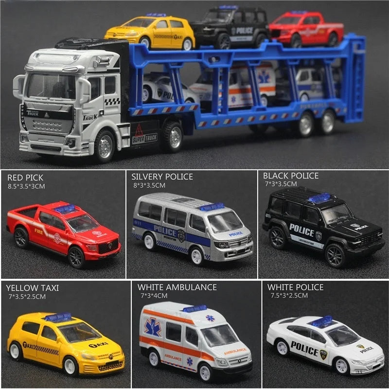 An alloy double-layer transportation vehicle comes with 6 police car sets, a large truck model, with braking function, shock-res