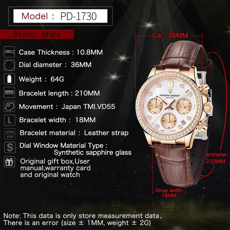 PAGANI DESIGN Women's Chronograph Quartz Watch Rose Gold Luxury Sapphire Stainless Steel Sport Elegant Women's Watch+Gift Box