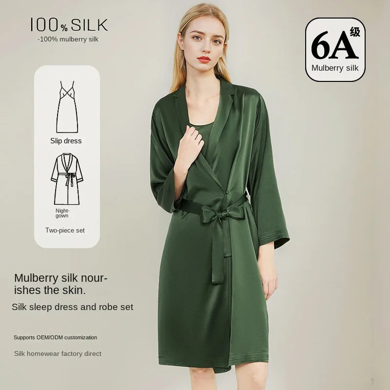 Women Elegant 100% Mulberry Silk Nightdress Robe 2 Piece Set All Season Luxury Gift Loungewear