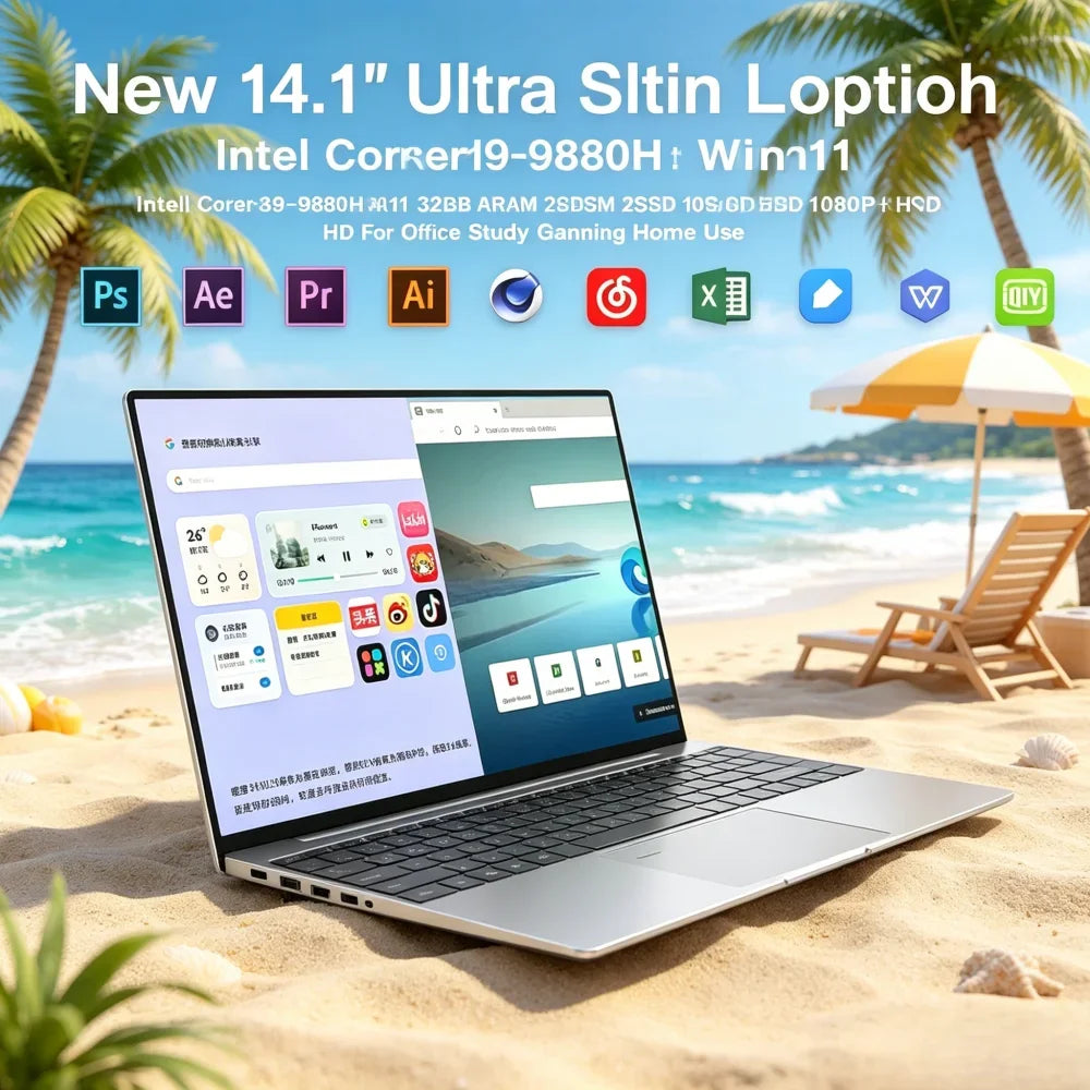 14.1 Inch Ultra Slim Laptop Intel Core i9-9880H Win11 32GB RAM 2TB SSD 1080P HD Multifunctional Laptop