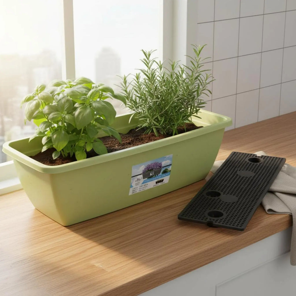 Long Plastic Vegetable Planter Weather Resistant Automatic-Watering Flower Pot Rectangular Planter Integrated Drainage Tray