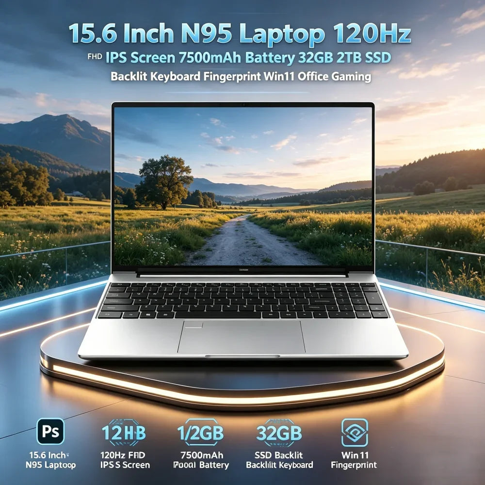 15.6 Inch N95 Laptop 120Hz FHD IPS Screen 7500mAh Battery 32GB 2TB SSD Backlit Keyboard Fingerprint Win11 Office Gaming Notebook