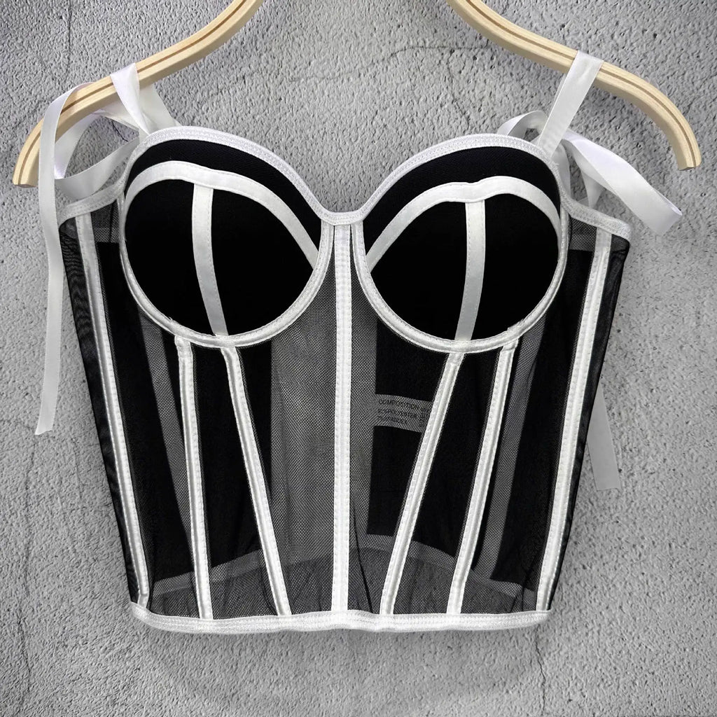 Mesh Transparent Contrasting Lines Women Bustie Sexy Bow Ribbon Ladies Corset Multi Colors Party Blackless Cropped Top Tank Top