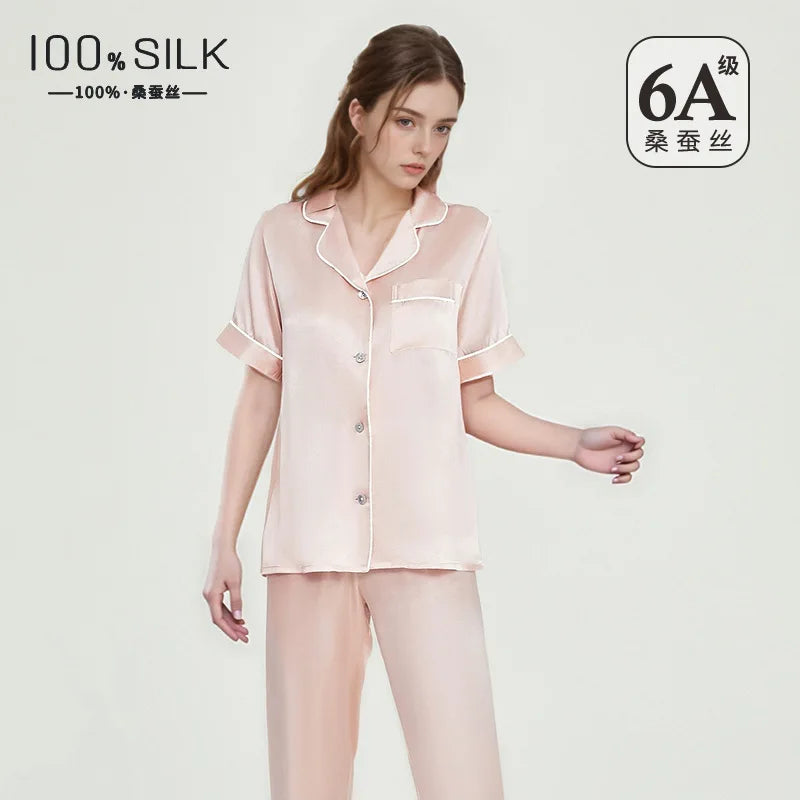 Spring Summer 19 Momme 100% Mulberry Silk Pajama Set Women Short Sleeve Long Pants Luxury Skin-friendly Antibacterial Loungewear