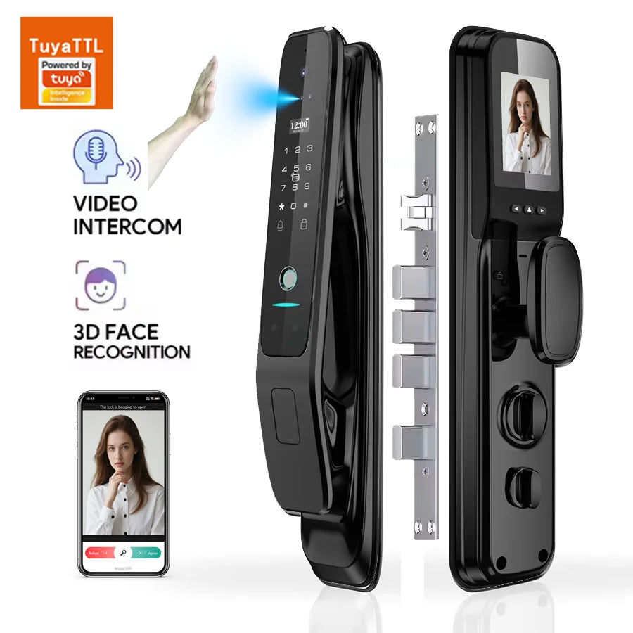 Tuya Fully Automatic Smart Door Lock with 3D Face & Fingerprint Recognition Security for Aluminum & Wood Doors Wifi Connected