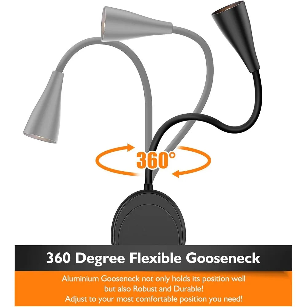 LED Wall Mount Reading Light, Touch Control, Dimmable, USB Output, Night Light & Timers, Flexible Gooseneck Bedside Light