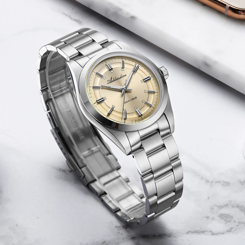 ADDIESDIVE Super Luminous Japan VH31 Ladies Watches 10Bar Waterproof Bubble Mirror Glass Quartz Watch Stainless Steel Wristwatch