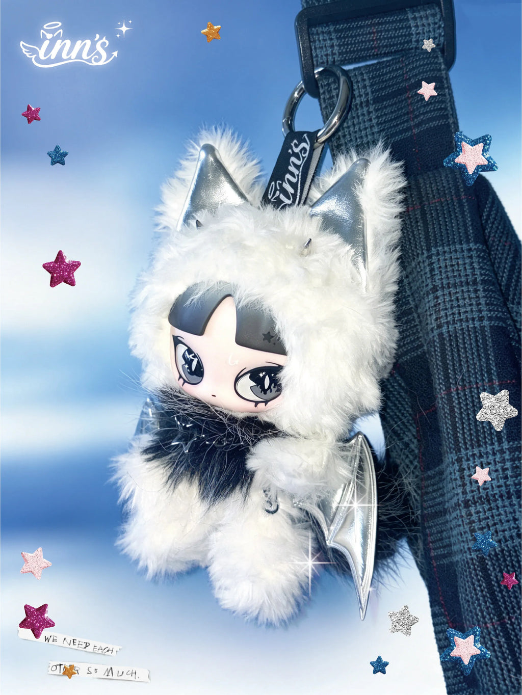 Original Inn'S Is An Angel A Cat Plush Doll Silver Wing Cat Ear Vinyl Face Doll Collectible Toy Pendant Ornament Home Decoration
