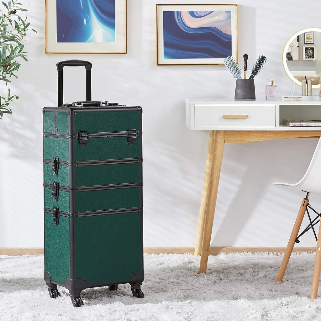 4 In 1 Rolling Makeup Train Case, Lockable Green Cosmetology Cart Aluminum Framed Cosmetic Trolley On Swivel Wheels With Stackable Accordion Trays For Nail Makeup Supplies Storage, Green