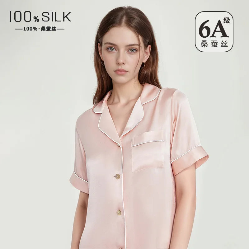 Spring Summer 19 Momme 100% Mulberry Silk Pajama Set Women Short Sleeve Long Pants Luxury Skin-friendly Antibacterial Loungewear