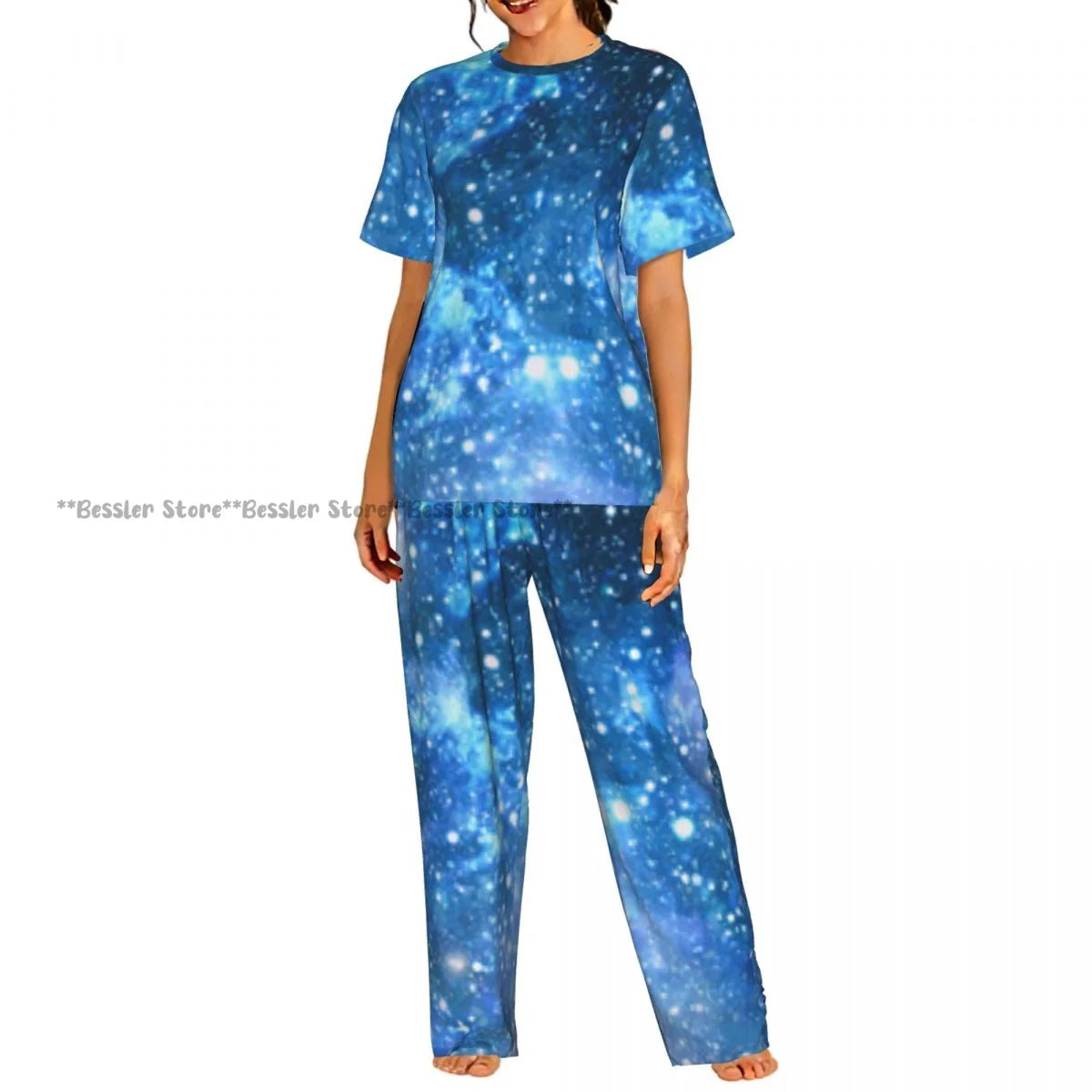 Women's Whales And Constellation Stars Watercolor short sleeve trousers casual pajamas set