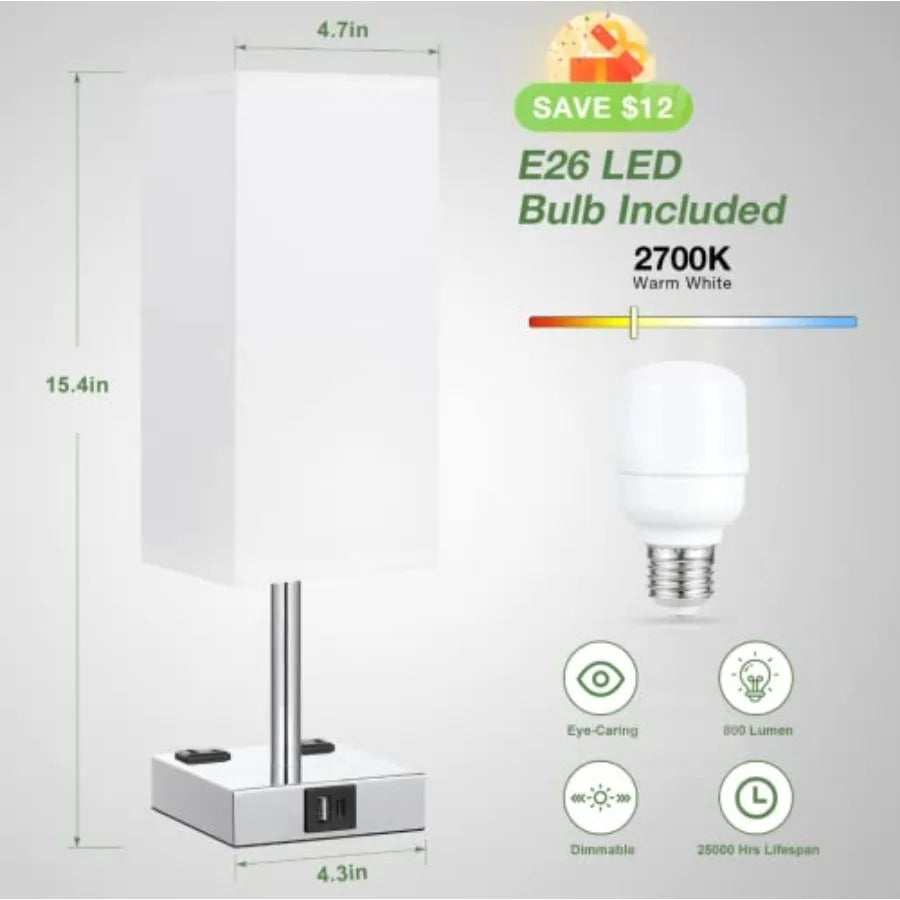 Touch Table Lamps Set of 2 for Bedroom - Dimmable, USB C+A, 2 AC Outlets 3-Way Dimming, 3000K LED Bulbs Included, Square White