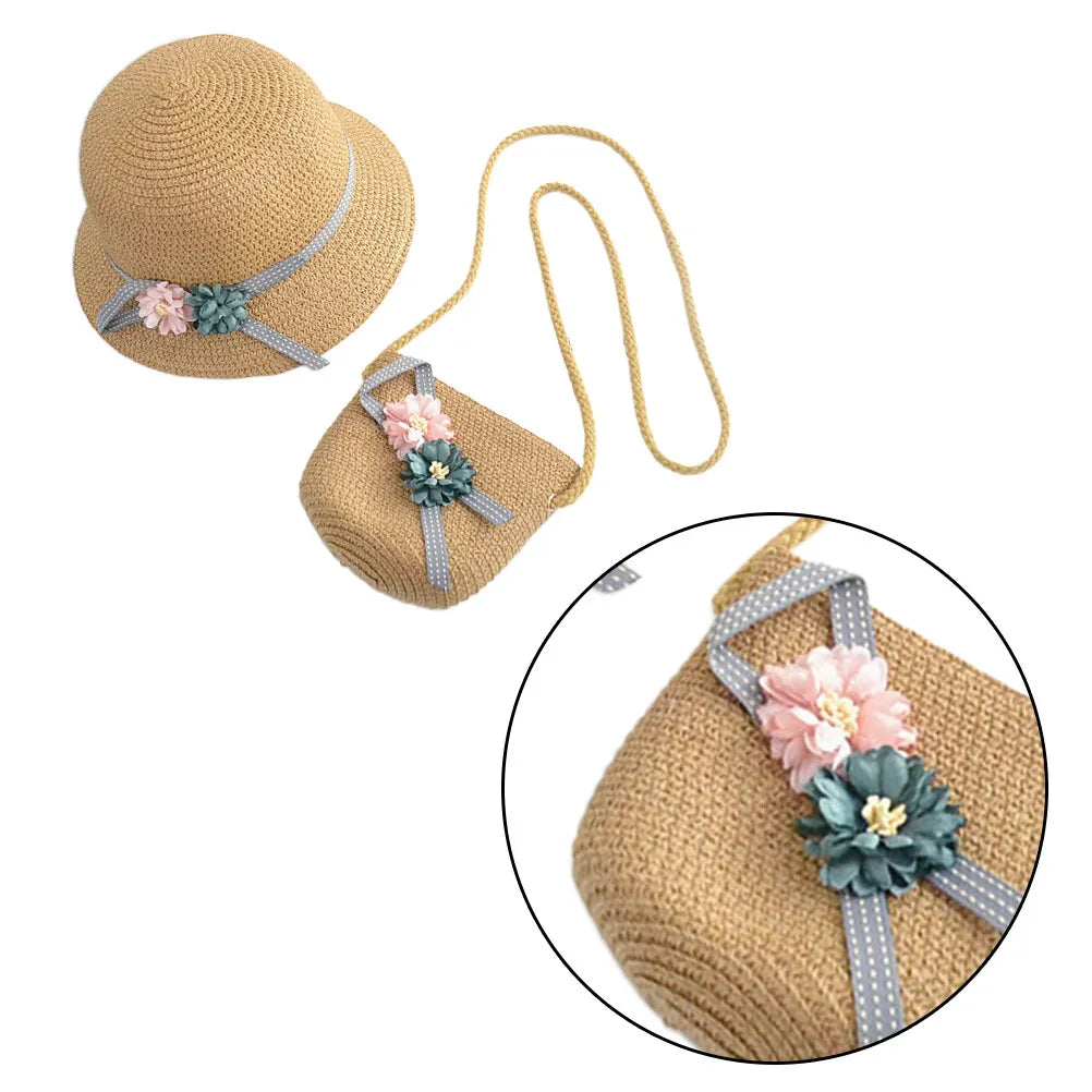 1 set 1 Wide Brim Sun Hat With Crossbody Bag Pink Beach Set For Girls Kids Cap Beach Straw Kids Straw Cap Bag Set