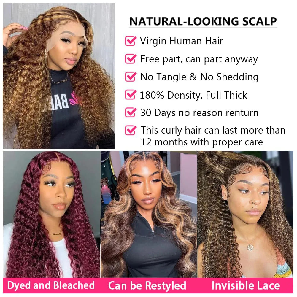 36 Inch Deep Wave P4/27 Highlight Ombre 13x6 13x4 HD Transparent Lace Front Wigs Curly Lace Frontal Wigs for Women Pre Plucked