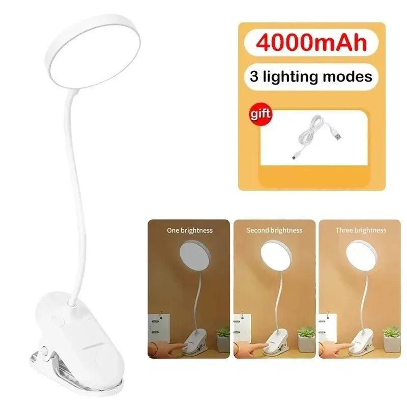 Portable USB Rechargeable Clip On Desk Lamp 3 Color Temperatures Dimmable LED Reading Light for Bedroom Study Office Travel