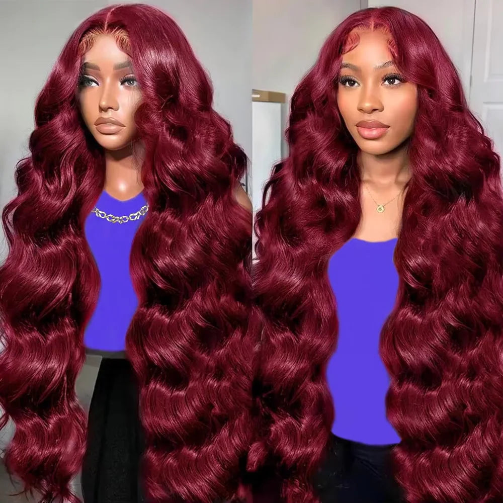 99J Burgundy Red 34 Inch Body Wave Lace Front Wigs 13x4 HD Transparent Human Hair Pre Plucked Dark Burgundy 99J Colored Wig 13x6 Lace  Wigs Pre-Plucked Body Wave Hairstyle For Women