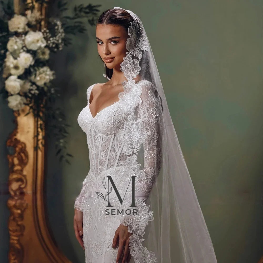 Semor Customized Mermaid Lace Wedding Dresses Illusion Long Sleeves Pearls Beaded Bridal Dress with Court Train Saudi Arabia