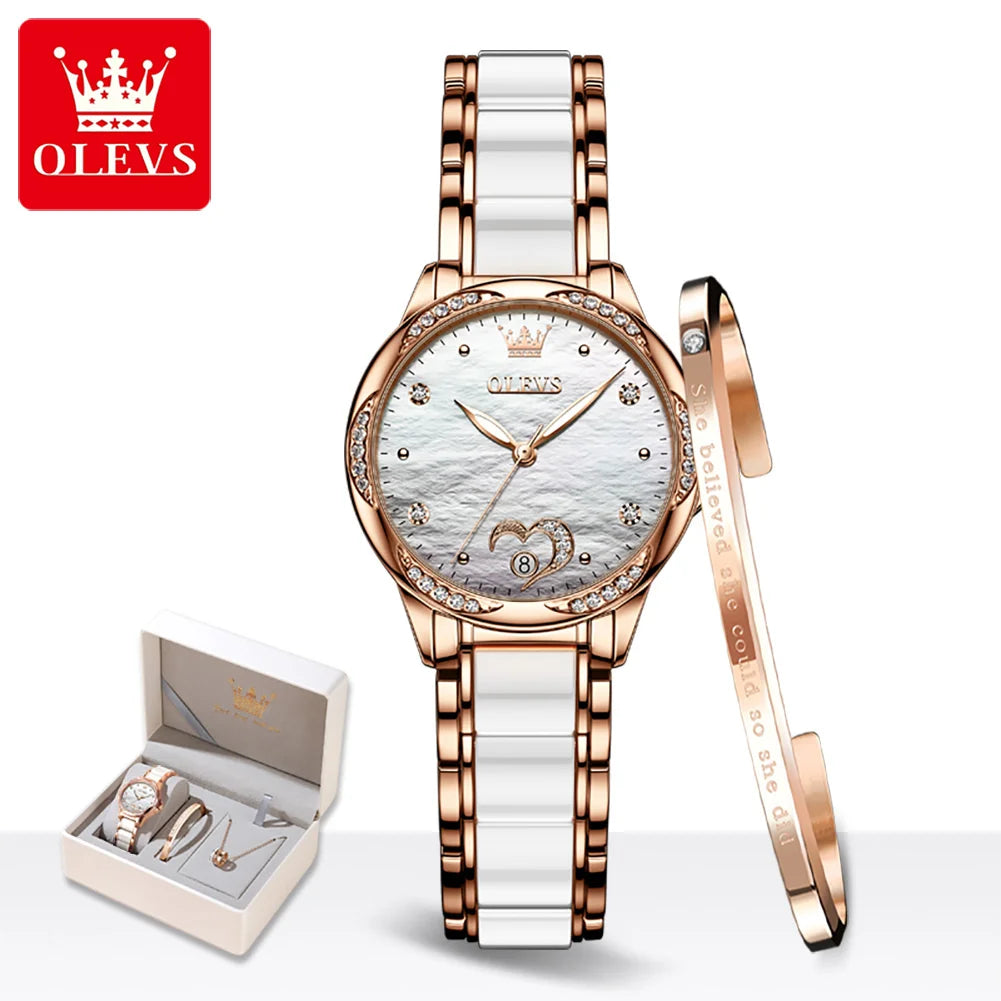 OLEVS Elegant Fashion Women's Watches Ceramic Strap Original Brand Automatic Mechanical Wristwatch for Lady Waterproof Date Love