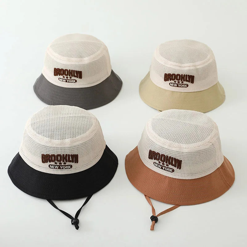 Letter Embroidered Baby Sun Hat Summer Mesh Breathable Boys Girls Fisherman Cap Fashion Patchwork Kids Panama Bucket Hats