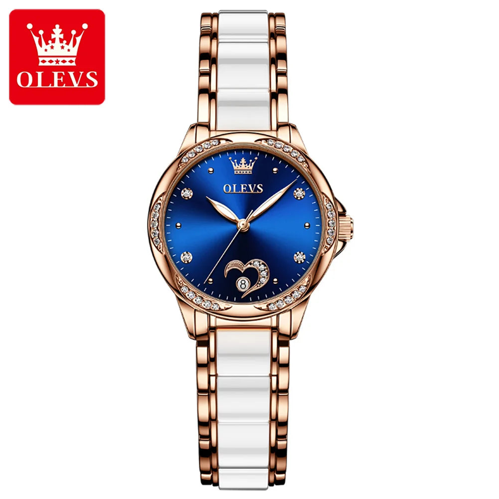 OLEVS Elegant Fashion Women's Watches Ceramic Strap Original Brand Automatic Mechanical Wristwatch for Lady Waterproof Date Love