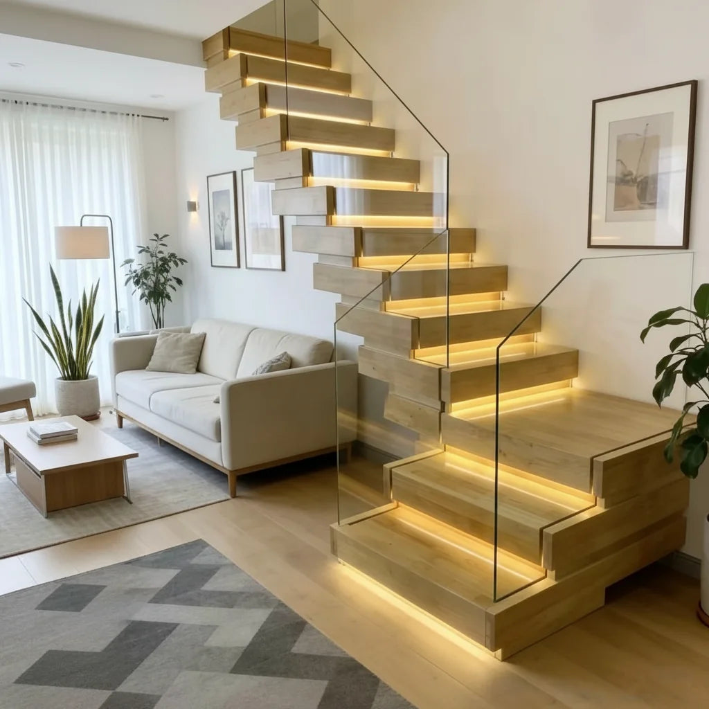Solid Wood Stackable Staircase Step Lights Natural Oak Finish Recessed LED Glass Railing Customizable Indoor Villa Modern Homes