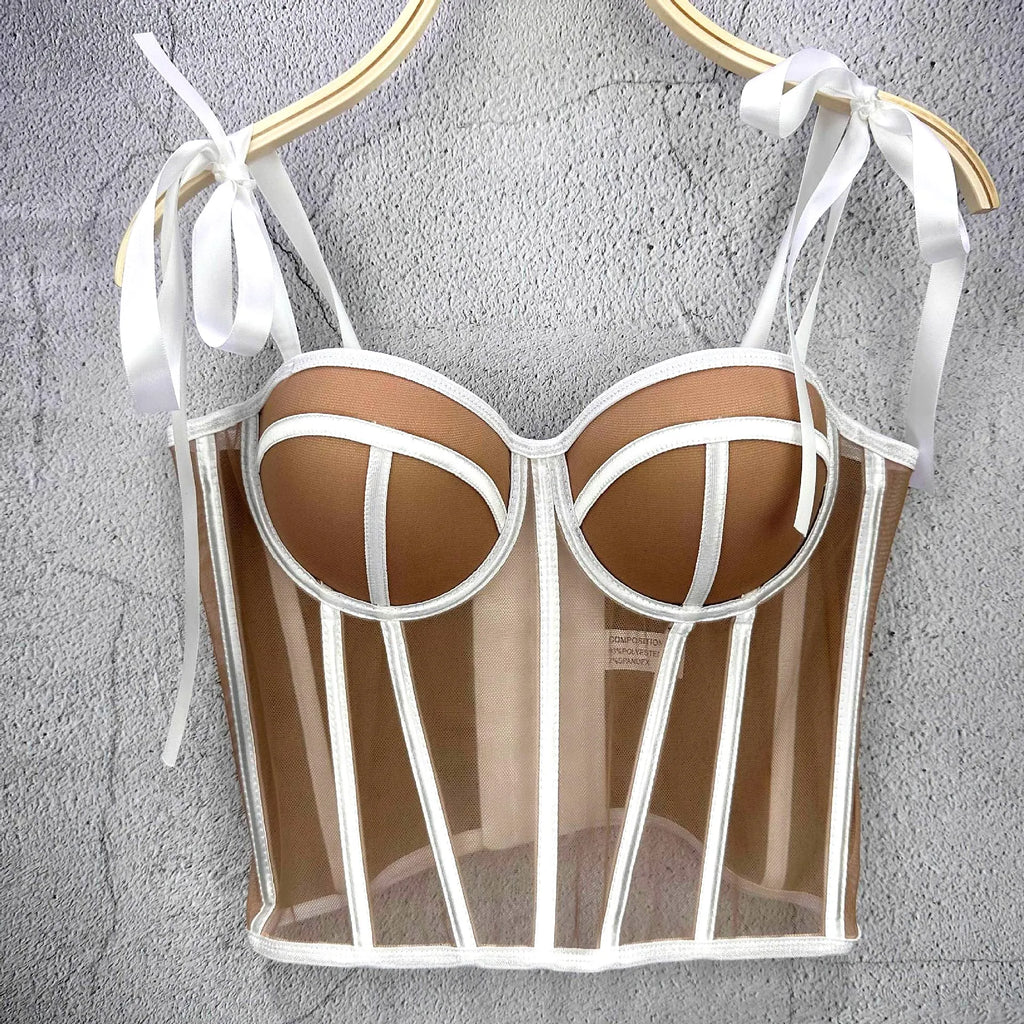 Mesh Transparent Contrasting Lines Women Bustie Sexy Bow Ribbon Ladies Corset Multi Colors Party Blackless Cropped Top Tank Top