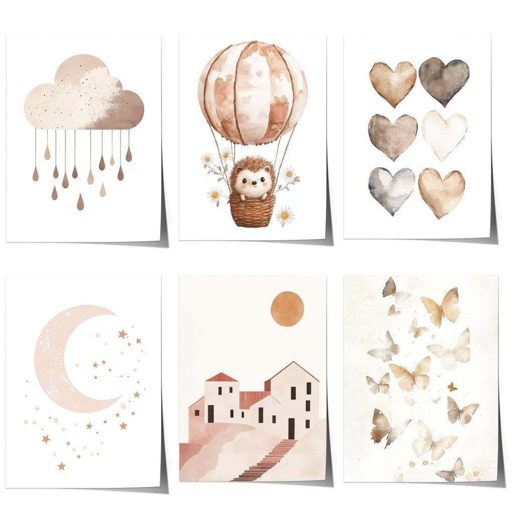 Boho Babyzimmer Poster · Wolke, Heißluftballon , Herzen , Mond und Sterne , Haus und Sonne , Schmetterlinge · Deko Print ohne Rahmen