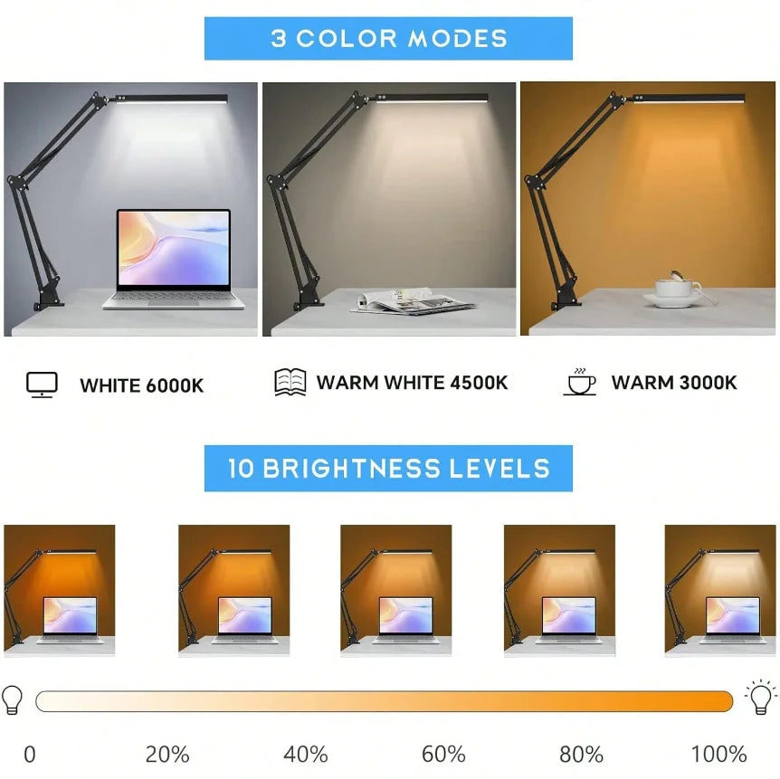 LED Desk Lamp For Home,Reading,Study,Adjustable Eye-Caring Desk Light with Clamp, 3 Color Modes,10 Brightness Table Light Office