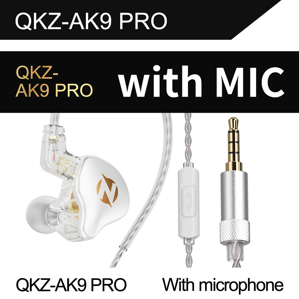 The QKZ AK9 Pro wired earphones are dynamic in-ear monitor earphones with a detachable 2-pin cable and HiFi stereo bass.