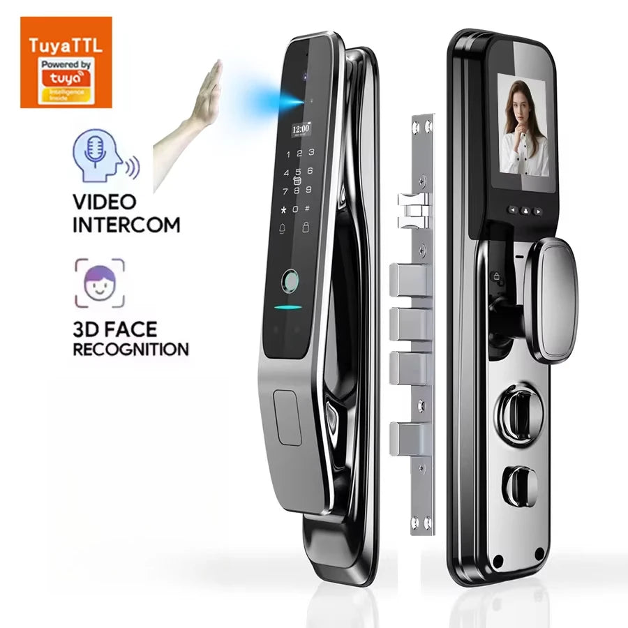 Tuya Fully Automatic Smart Door Lock with 3D Face & Fingerprint Recognition Security for Aluminum & Wood Doors Wifi Connected