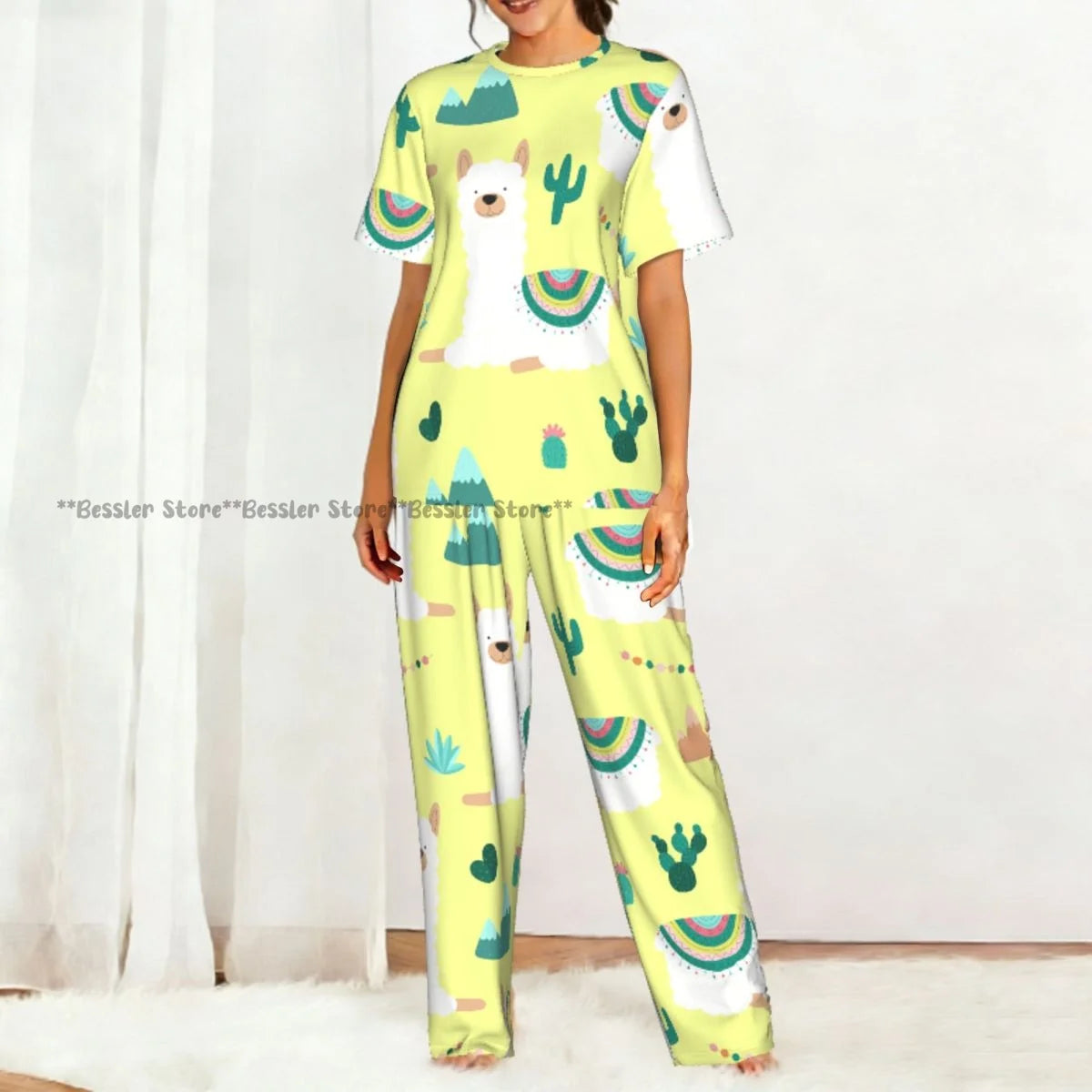 Women Pajama Sets Lounge Sleepwear Fun Llamas Cacti Mountains Garlands Short Sleeve Nightwear