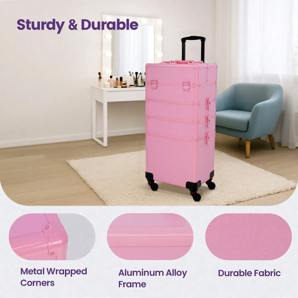 Rolling Makeup Train Case 4 in 1 Cosmetology Case on Wheels, Large Cosmetic Organizer with Lid & Lock, Professional Travel Makeup Trolley for Salon Barber, Pink