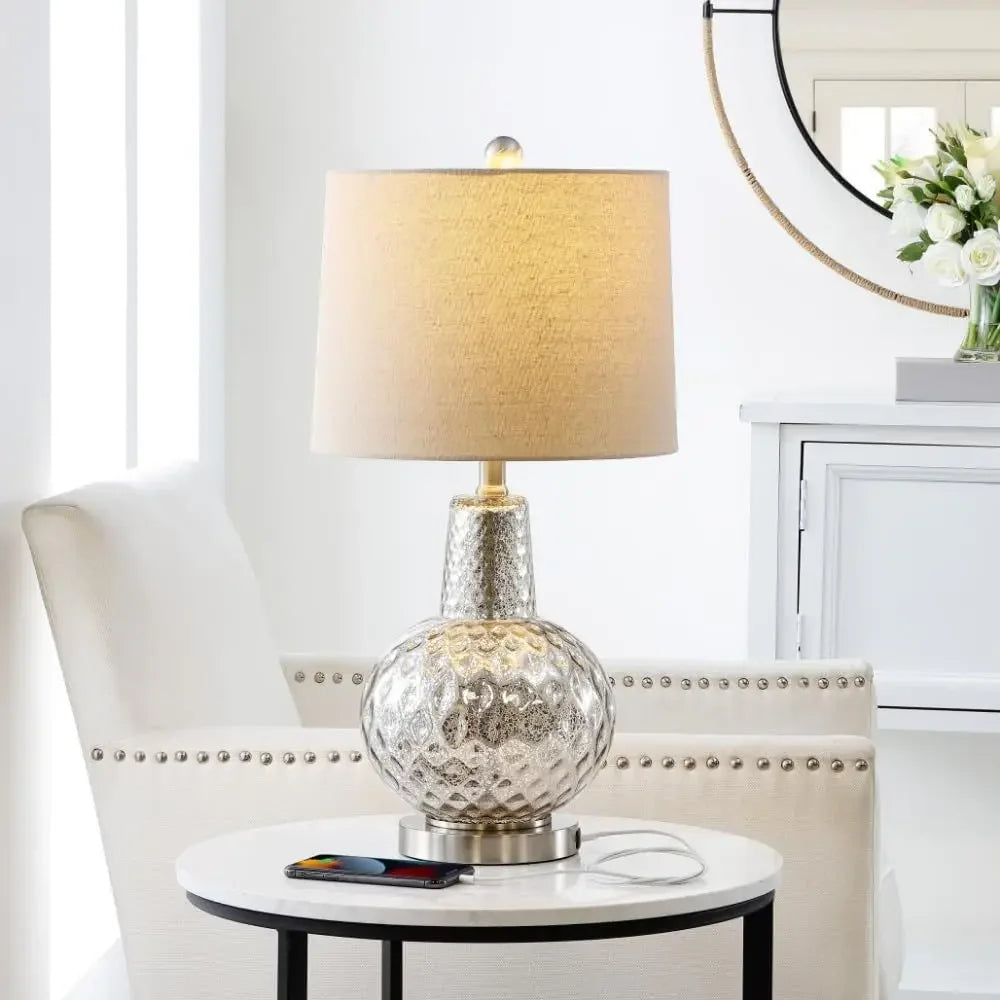 24-inch Silver/Ivory Shade LED Table Lamp for Bedroom, Living Room, Home Office, Desk, Nightstand