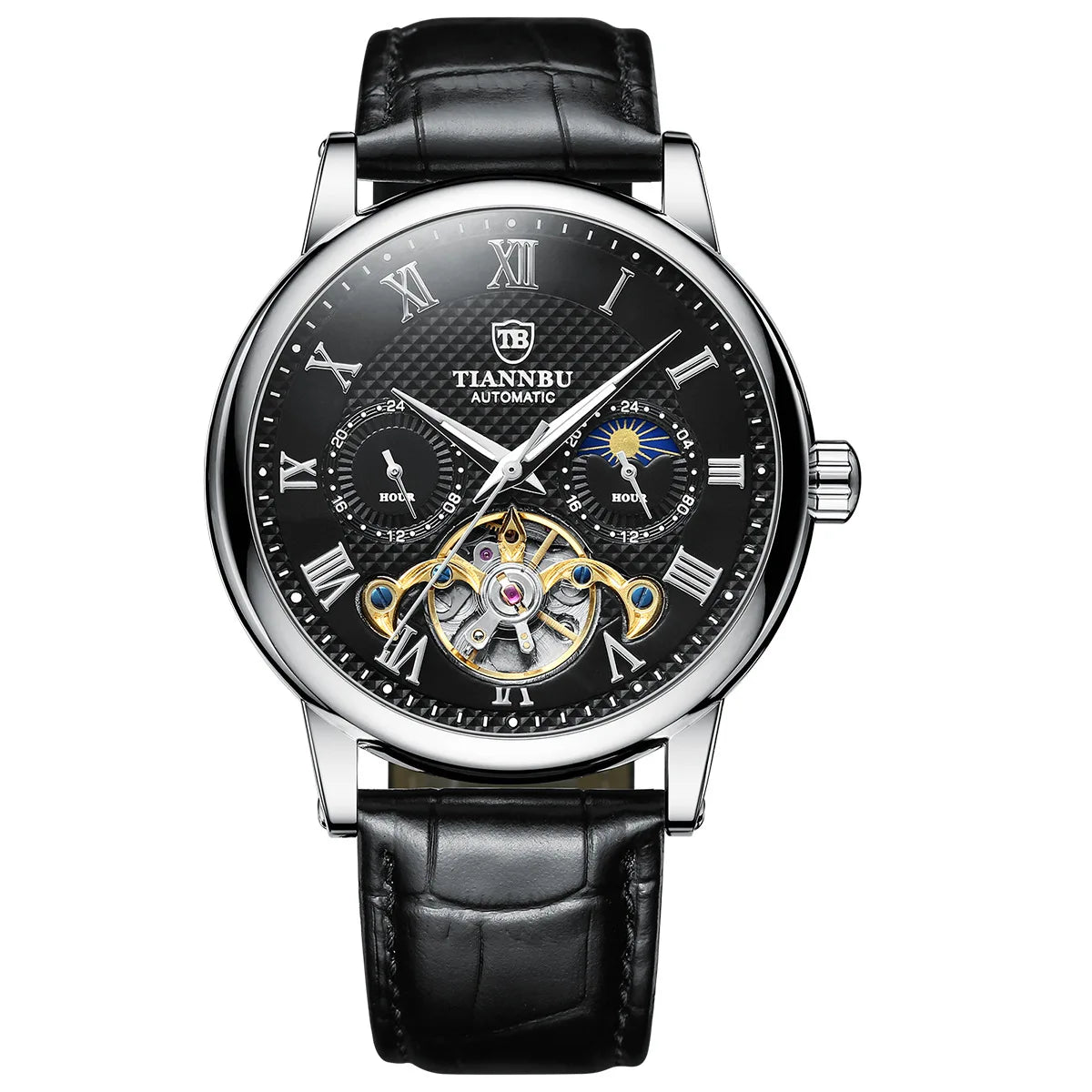 Automatic Mechanical Men's Watch with Luminous Hand Leather Band Waterproof Fashion and Sporty Style Sun Pattern High Quality