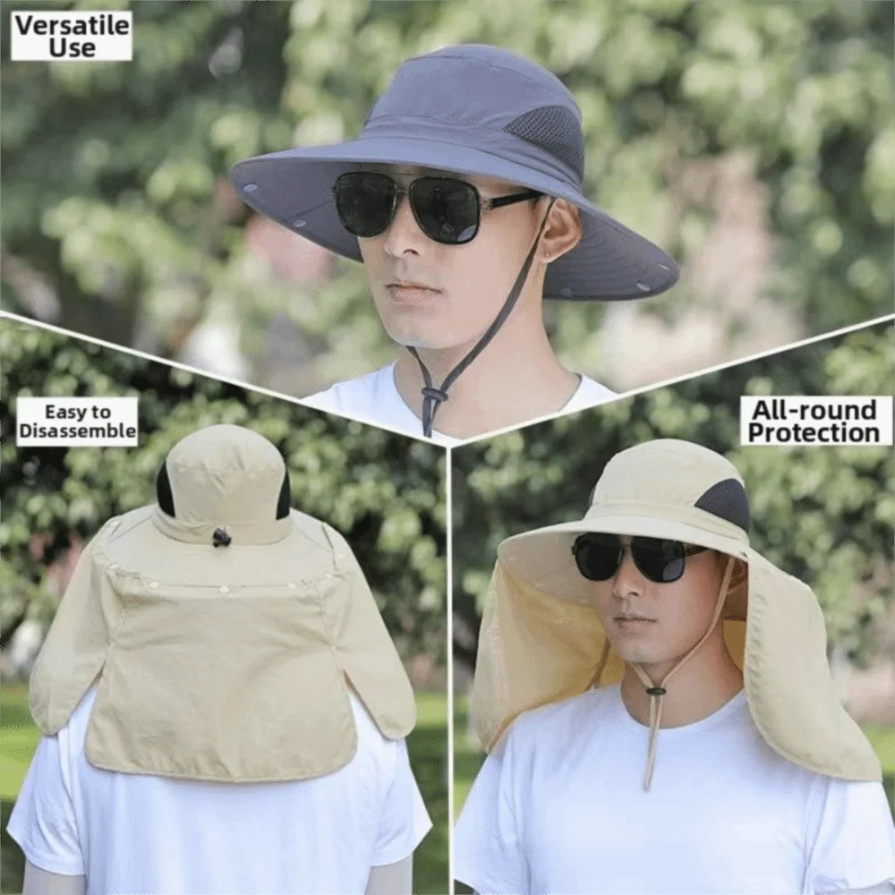 Fashion Cloth Men Sun Hat Big Brim Removable Shawl Women Visor Cap With Lanyard Neck Protection Fisherman Hat Fishing