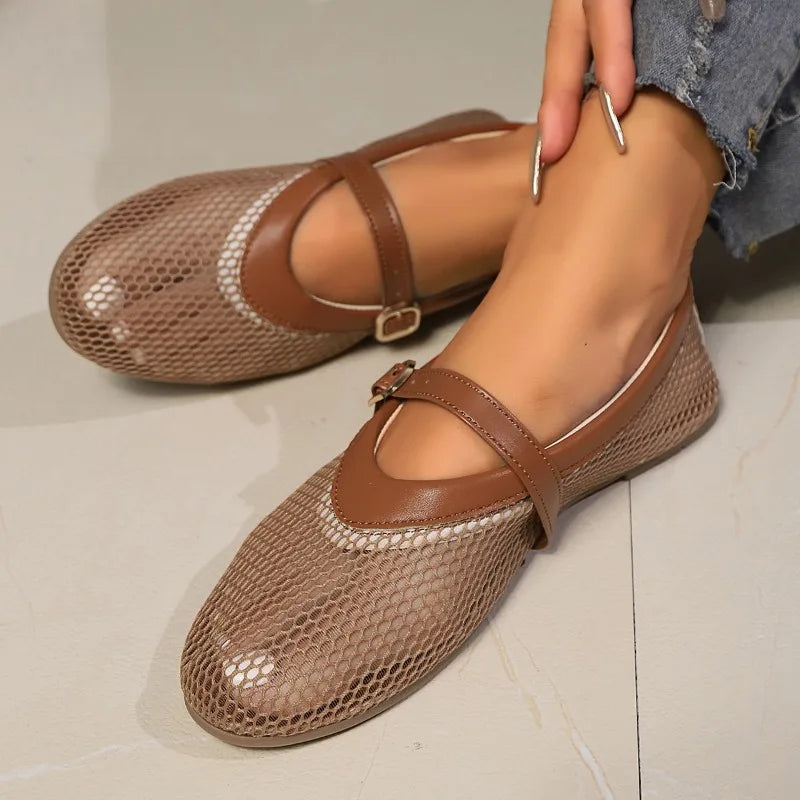 Casual Breathable Mesh Slip-On Women's Sandals Summer Hot Sale Of The Season Flat Bottom Buckle Design Comfortable Rubber Sol...