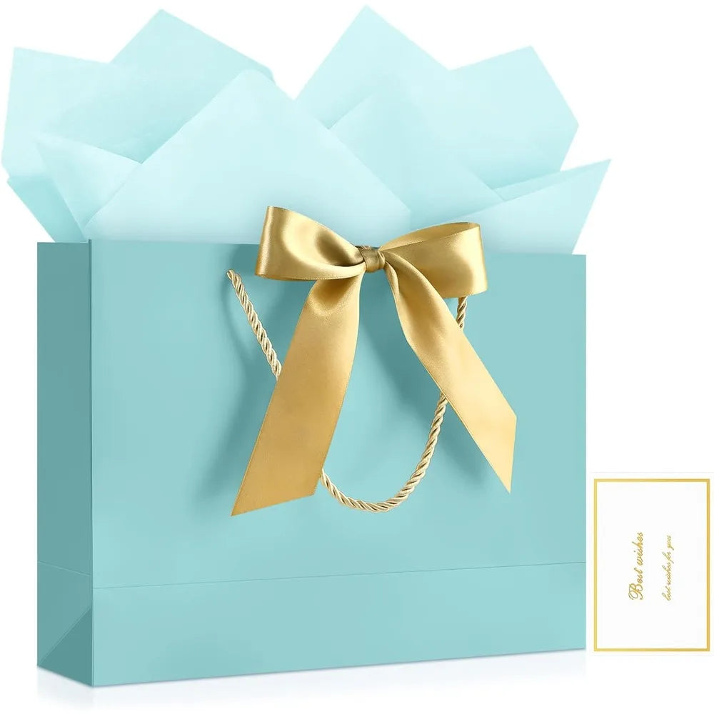 Medium Gift Bags with Handles 13 Inch Gift Bags for Presents with 2 Tissue Paper and 1 Card for Graduation Baby Shower Wedding Birthday Party Fathers Day Mothers Day Baby Blue