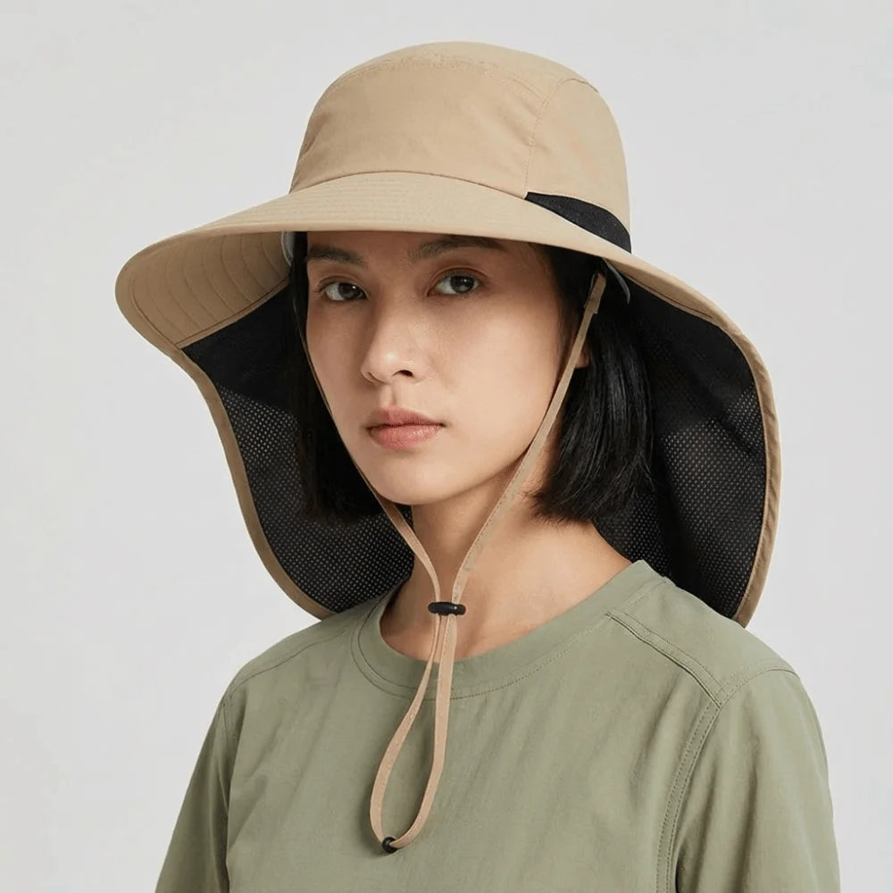 Fashion Wide Brim Outdoor Sun Hat Adjustable UV Protection Fisherman Cap with Neck Flap Quick-drying Bucket Cap Women