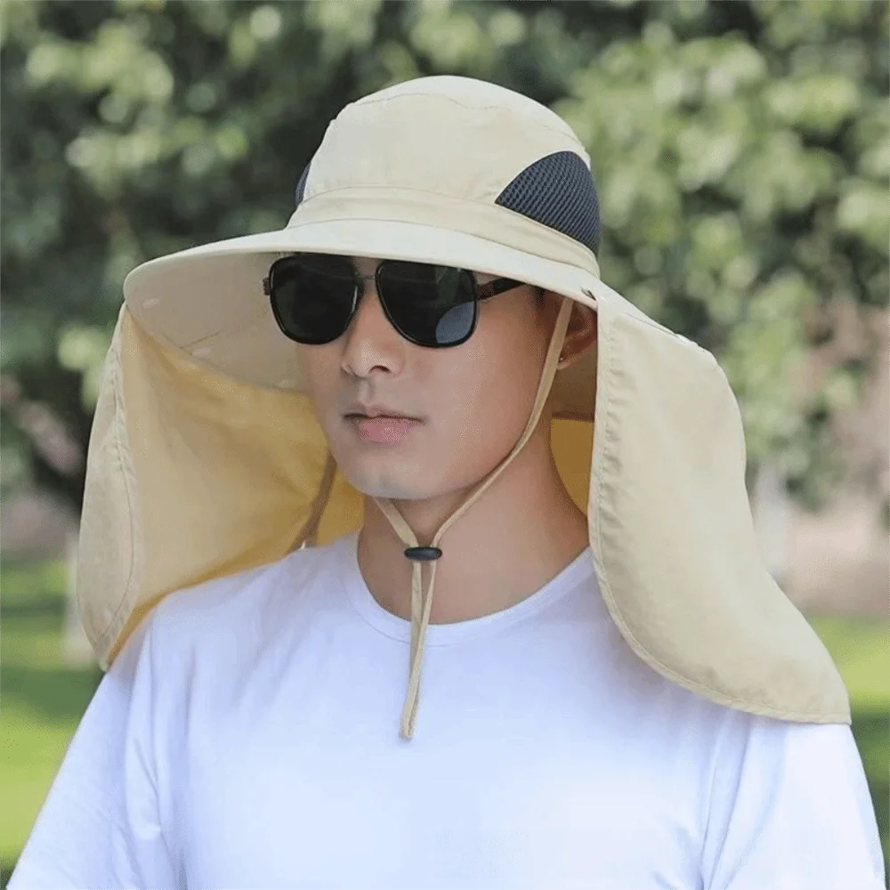 Removable Cloth Men Sun Hat Big Brim Neck Protection Women Visor Cap With Lanyard Sunscreen Summer Bucket Hat Women