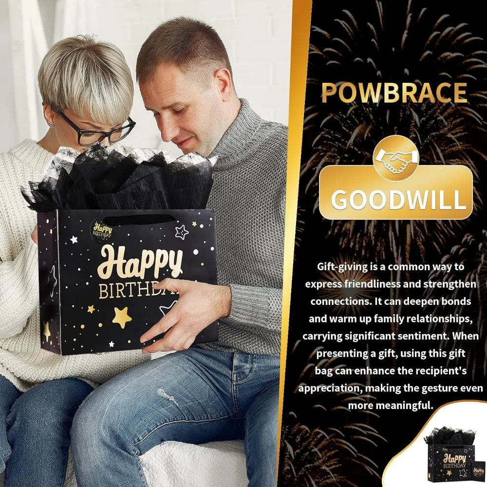 Medium Black Starry Sky Birthday Gift Bag Set with Crinkle Tissue Paper Greeting Card and Ribbon for Party Celebration Unisex