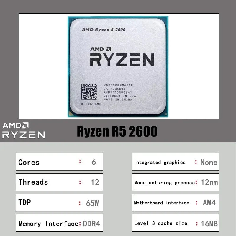 AMD 3.4GHz Base Frequency R5 2600 CPU 6 Core 12 Thread AM4 Socket Stable Performance Desktop Processor