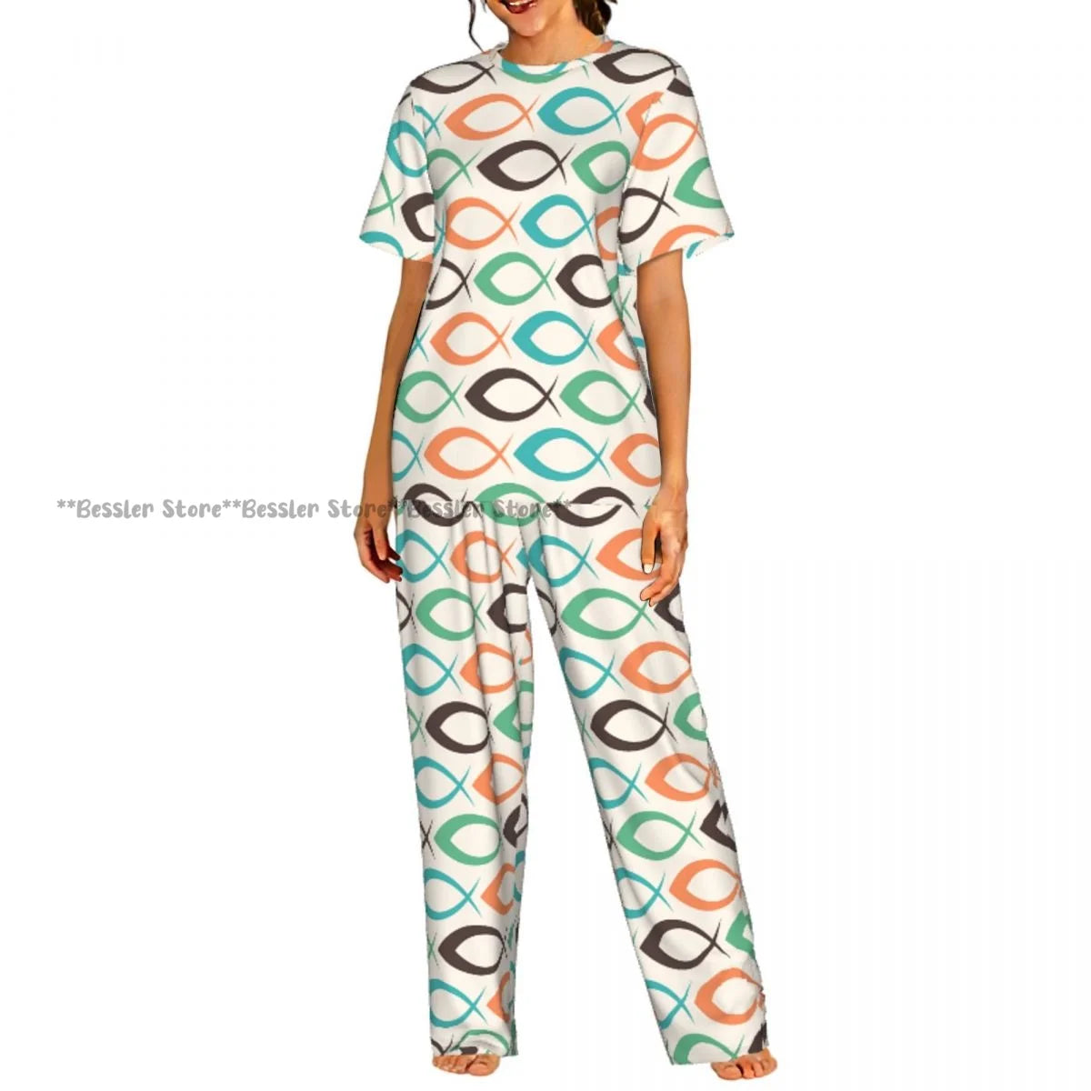 Women's Colorful Fish short sleeve trousers casual pajamas set